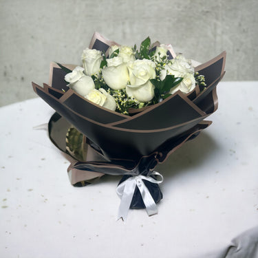Elegant White Rose Bouquet, White Roses, Limonium, Ruscus, Black Wrapping